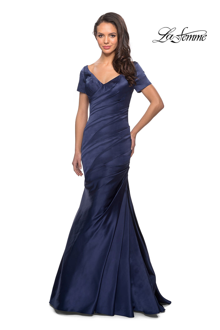 Picture of: Long Satin Gown with Elegant Ruching in Navy, Style: 26947, Detail Picture 3