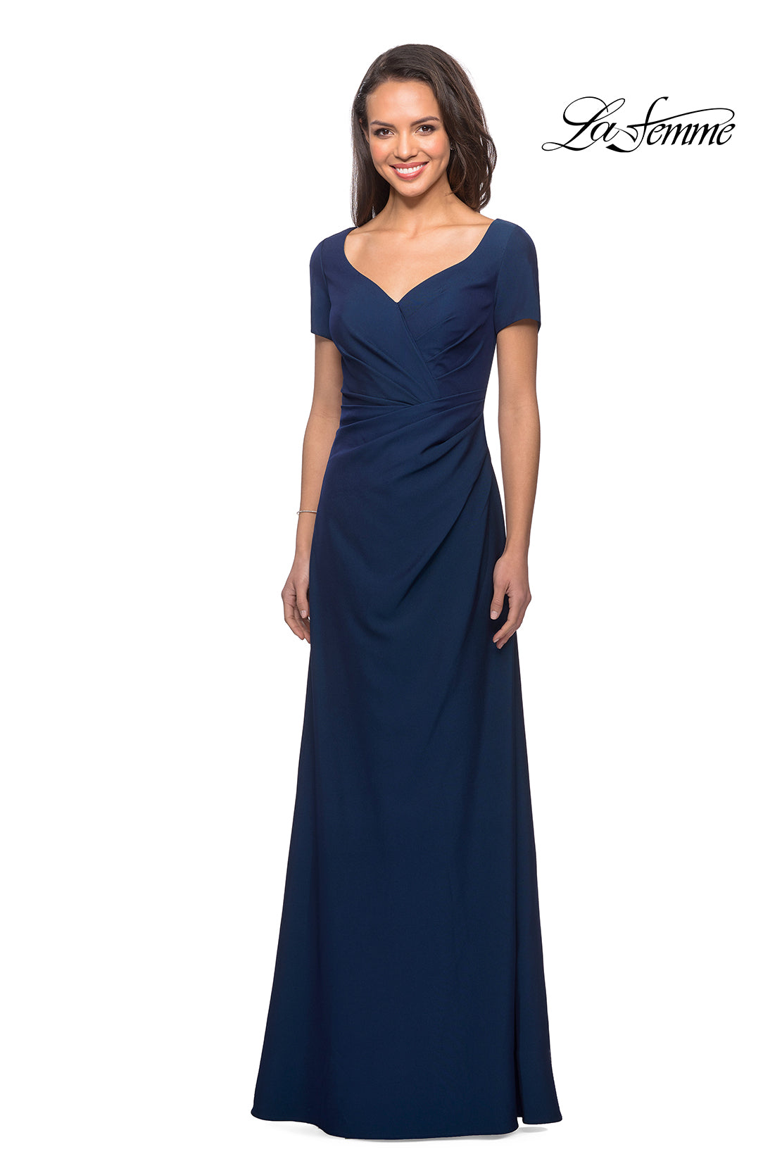 Picture of: Short Sleeve Floor Length Gown with Ruching in Navy, Style: 27855, Detail Picture 3