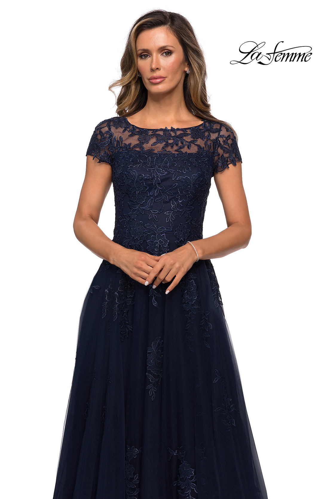 Picture of: Beaded Lace Rhinestone A-line Evening Gown in Navy, Style: 27920, Detail Picture 3