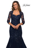 Picture of: Long Lace Mermaid Gown with Square Neckline in Navy, Style: 28033, Detail Picture 3