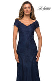 Picture of: Short Sleeve Lace Evening Dress with V Neckline in Navy, Style: 28099, Detail Picture 3