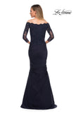 Picture of: Satin Mermaid Gown with Off the Shoulder Lace Bodice in Navy, Detail Picture 3