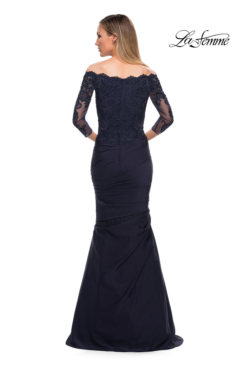 Picture of: Satin Mermaid Gown with Off the Shoulder Lace Bodice in Navy, Detail Picture 3