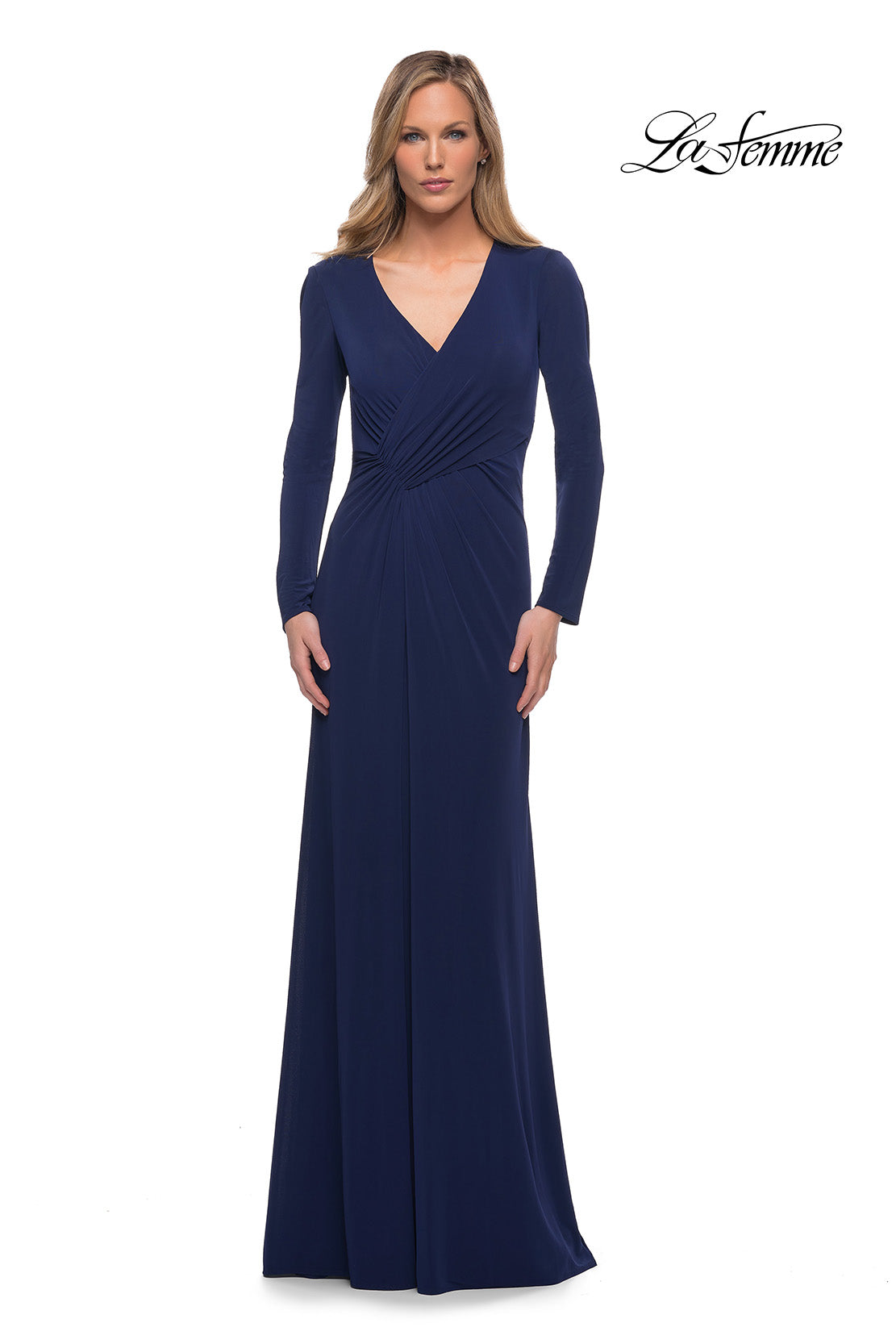 Picture of: Long Sleeve Jersey Dress with Criss-Criss Front Ruching in Navy, Detail Picture 3