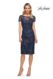 Picture of: Beautiful Short Dress with Illusion Top and Sleeve in Blue, Style: 29982, Detail Picture 3