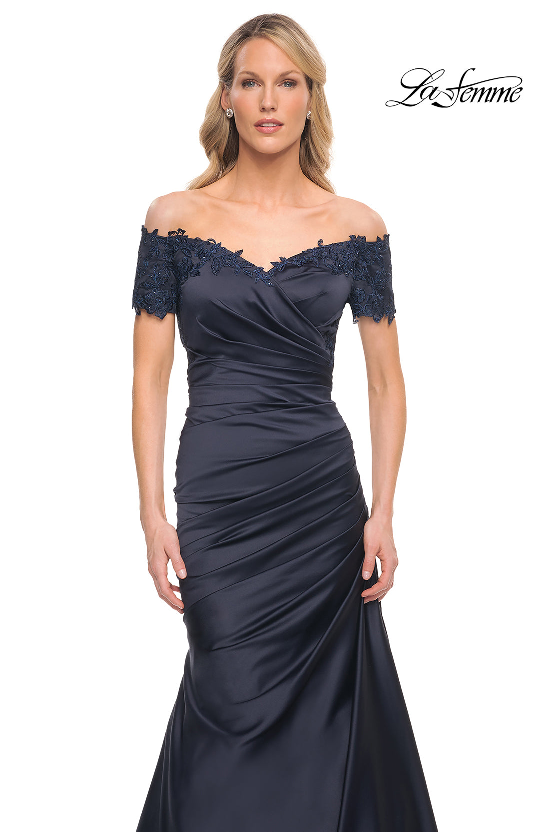 Picture of: Off the Shoulder Satin and Lace Mermaid Pleated Gown in Blue, Style: 30199, Detail Picture 3
