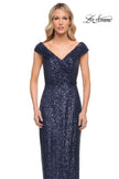 Picture of: Sequin Long Evening Dress with Ruching and V Neck in Blue, Style: 30326, Detail Picture 3