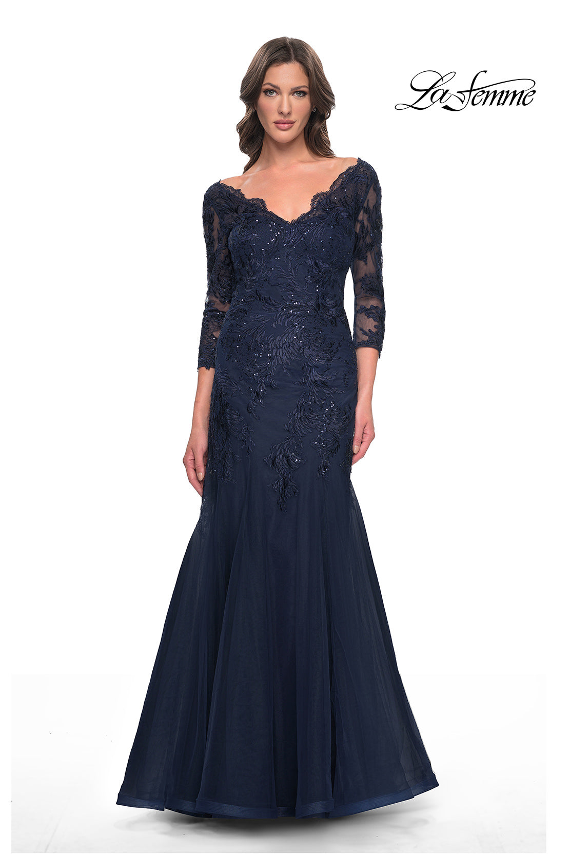 Picture of: Mermaid Tulle and Lace Dress with Scallop Detailed Neckline in Navy, Style: 30823, Detail Picture 3