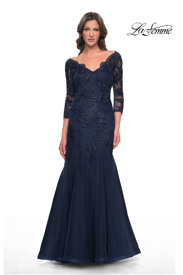 Picture of: Mermaid Tulle and Lace Dress with Scallop Detailed Neckline in Navy, Style: 30823, Detail Picture 3