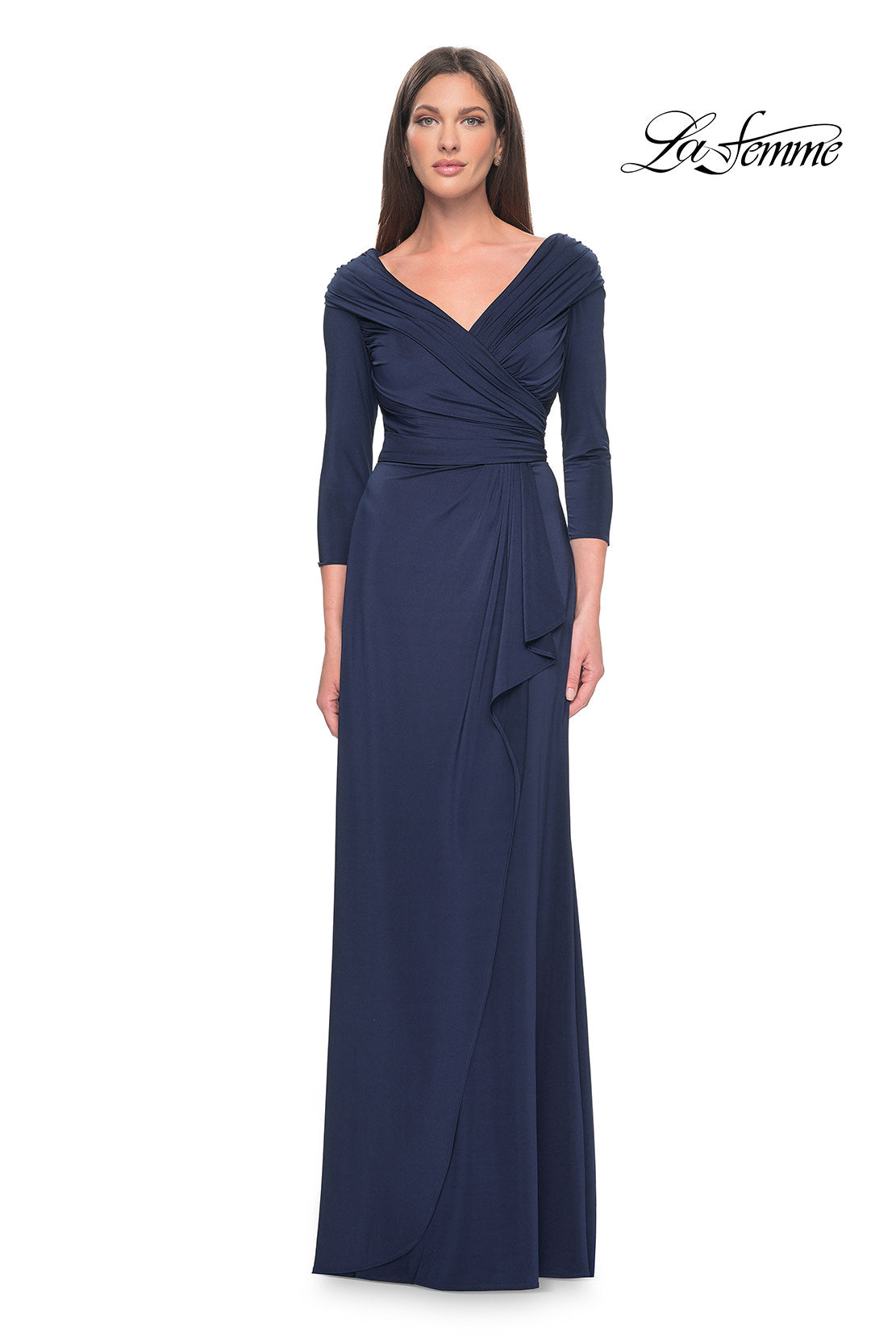 Picture of: Ruched Long Dress with Ruffle Skirt Detail and Sleeves in Navy, Style: 30845, Detail Picture 3
