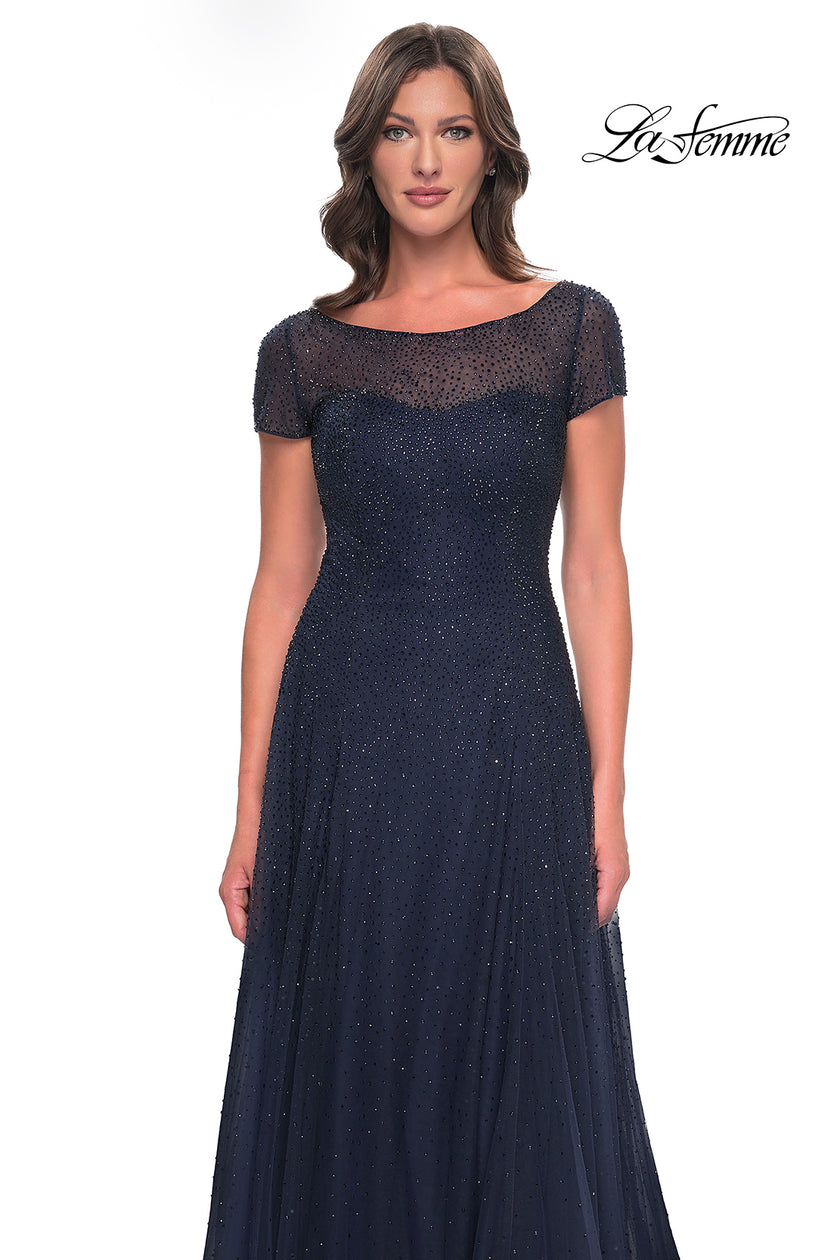 Picture of: Beaded A-Line Dress with Illusion Neckline and Sleeves in Navy, Style: 30852, Detail Picture 3