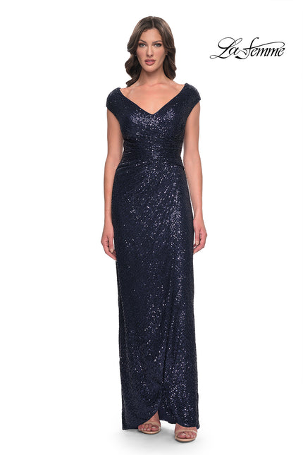 Picture of: Sequin Evening Dress with Ruching and V Neckline in Navy, Style: 30865, Detail Picture 3
