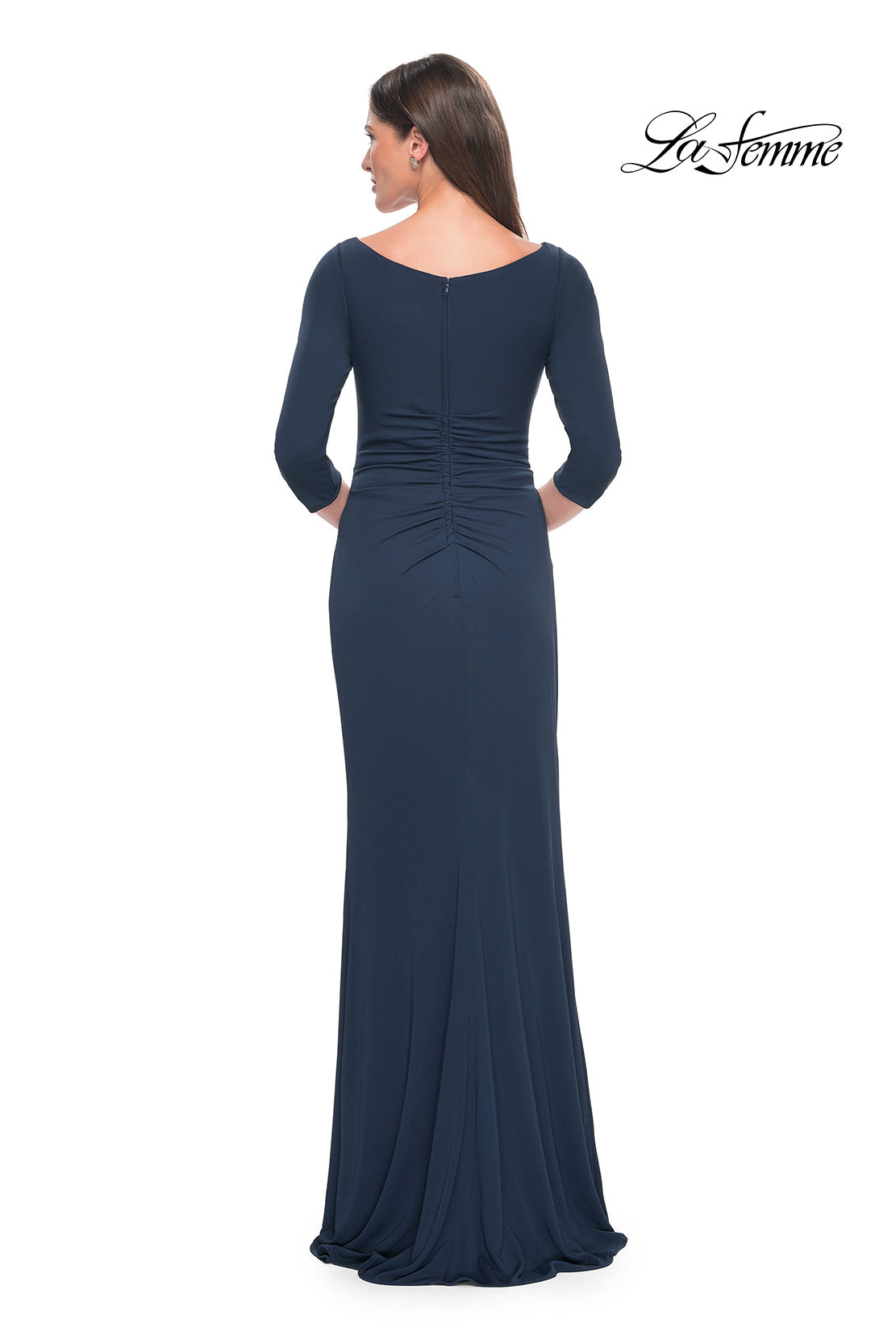 Picture of: Chic Long Evening Gown with High Neck and Ruffle Detail in Navy, Style: 31705, Detail Picture 3