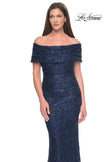 Picture of: Off the Shoulder Ruched Beaded Lace Evening Gown in Navy, Style: 31778, Detail Picture 3
