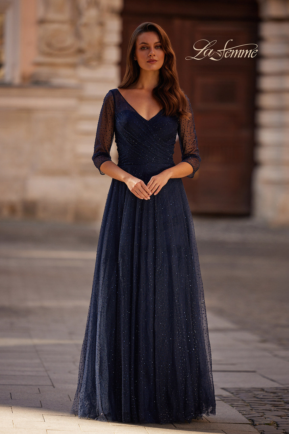 Picture of: Rhinestone Tulle Gown with Full Skirt and Ruched Bodice in Navy, Style: 32460, Detail Picture 3