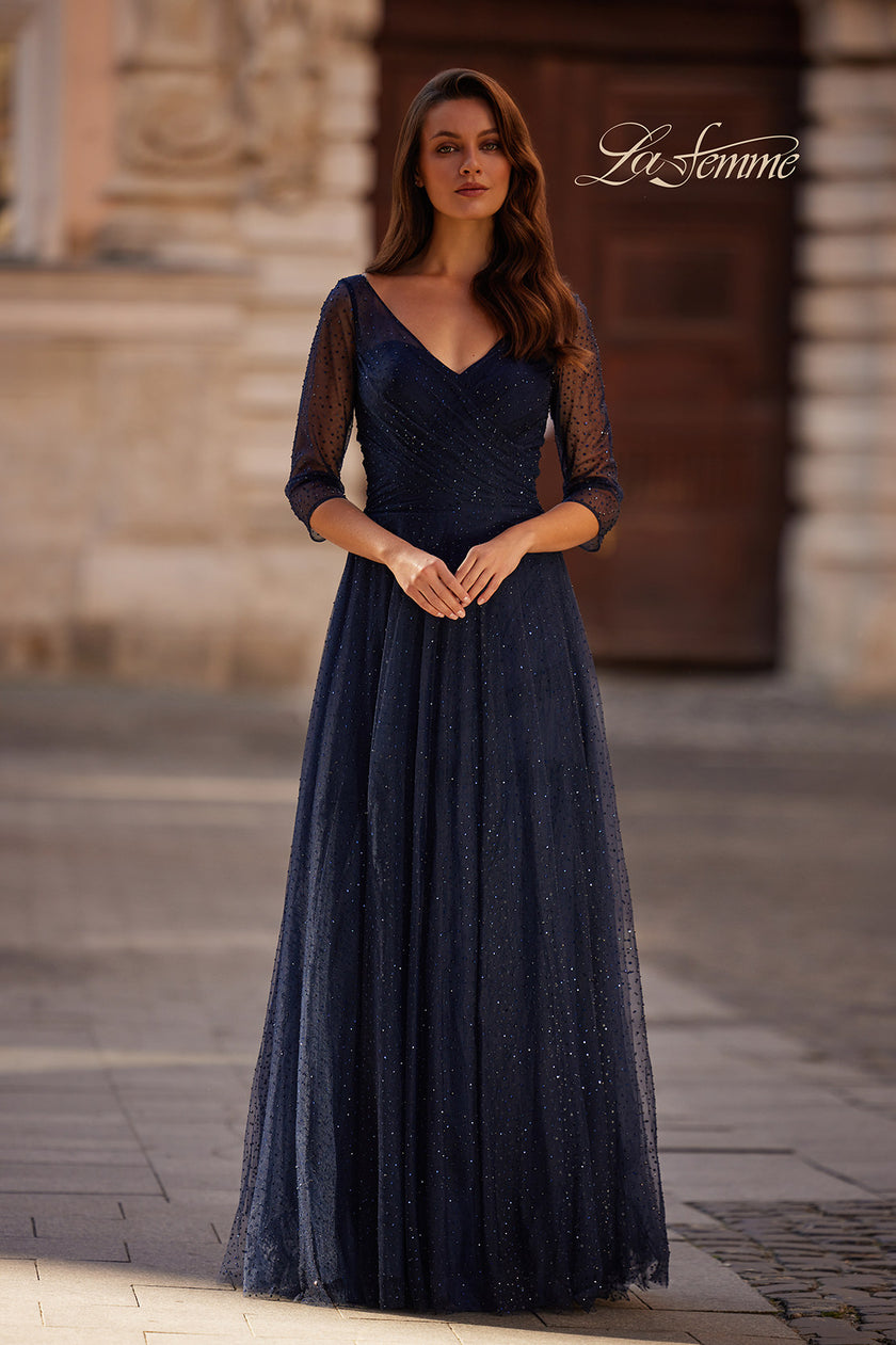 Picture of: Rhinestone Tulle Gown with Full Skirt and Ruched Bodice in Navy, Style: 32460, Detail Picture 3