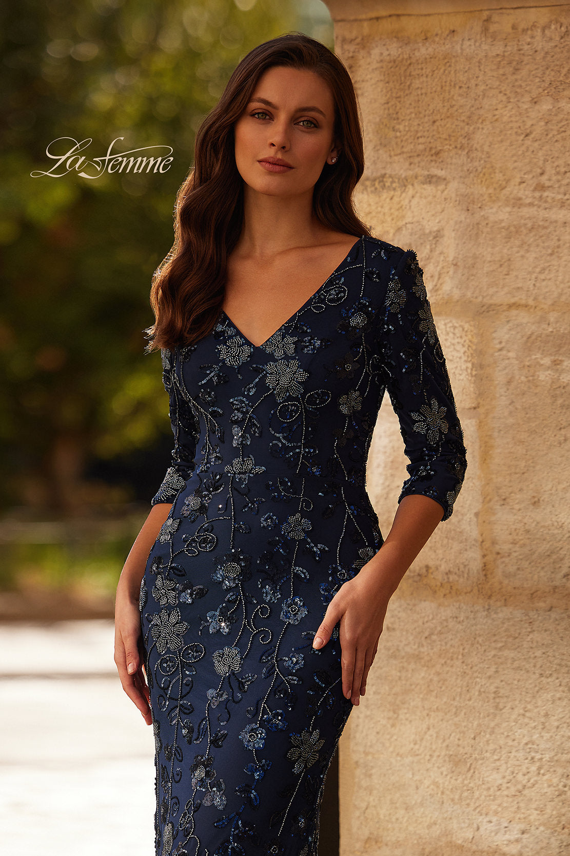 Picture of: Stunning Beaded Stretch Net Jersey Gown in Navy, Style: 33092, Detail Picture 3