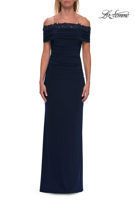 Picture of: Off the Shoulder Lace Trim Evening Gown in Navy, Style: 33329, Detail Picture 3