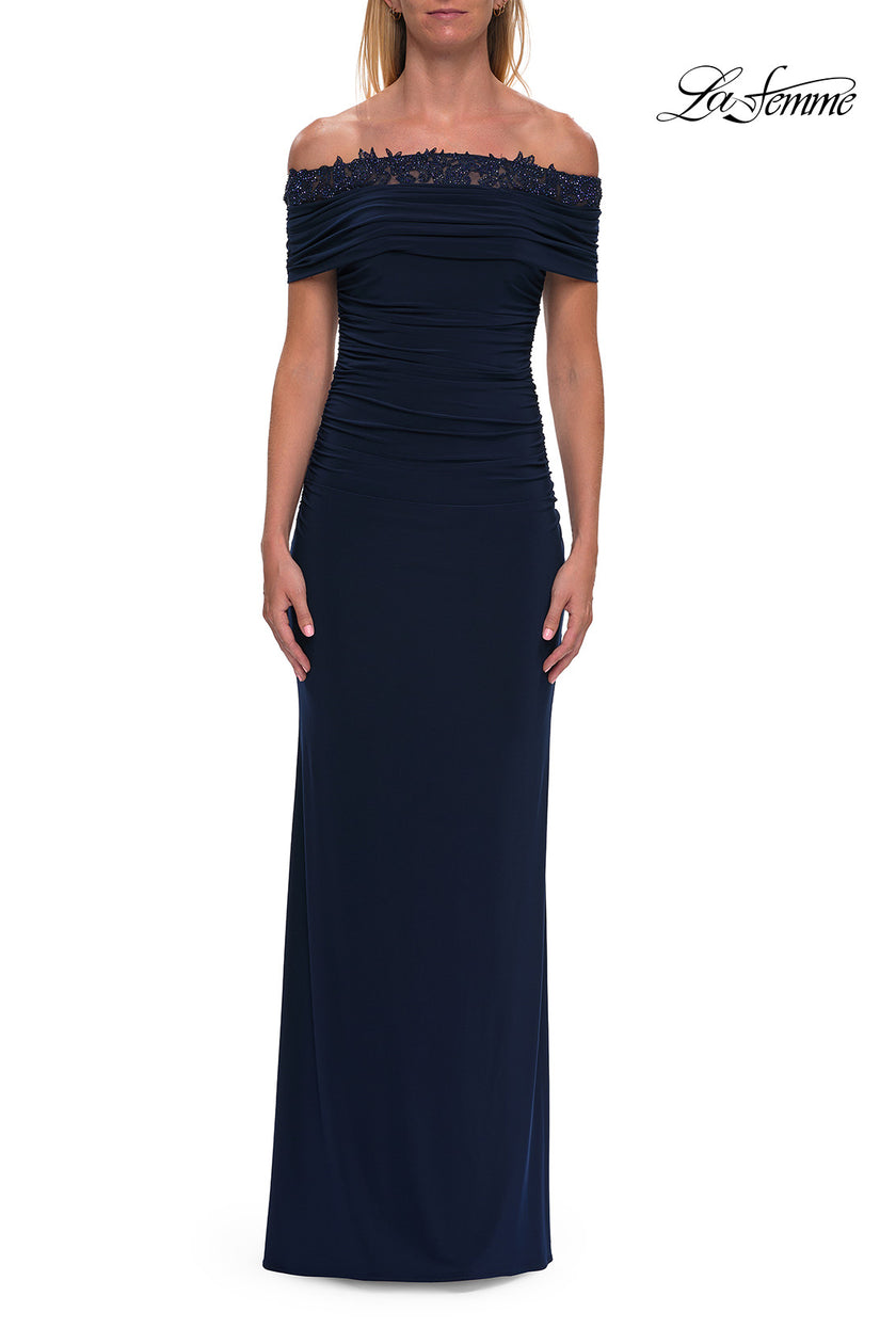 Picture of: Off the Shoulder Lace Trim Evening Gown in Navy, Style: 33329, Detail Picture 3