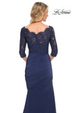 Picture of: Gathered Mermaid Satin Gown with Lace Top in Navy, Style: 24926, Detail Picture 4