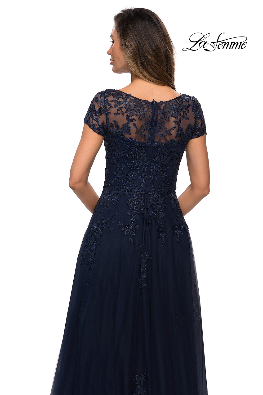 Picture of: Beaded Lace Rhinestone A-line Evening Gown in Navy, Style: 27920, Detail Picture 4