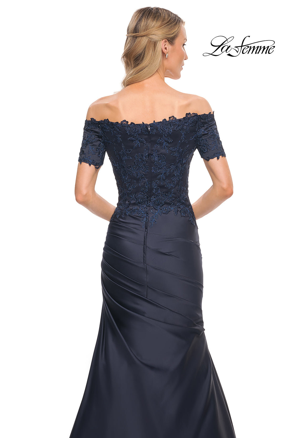Picture of: Off the Shoulder Satin and Lace Mermaid Pleated Gown in Blue, Style: 30199, Detail Picture 4