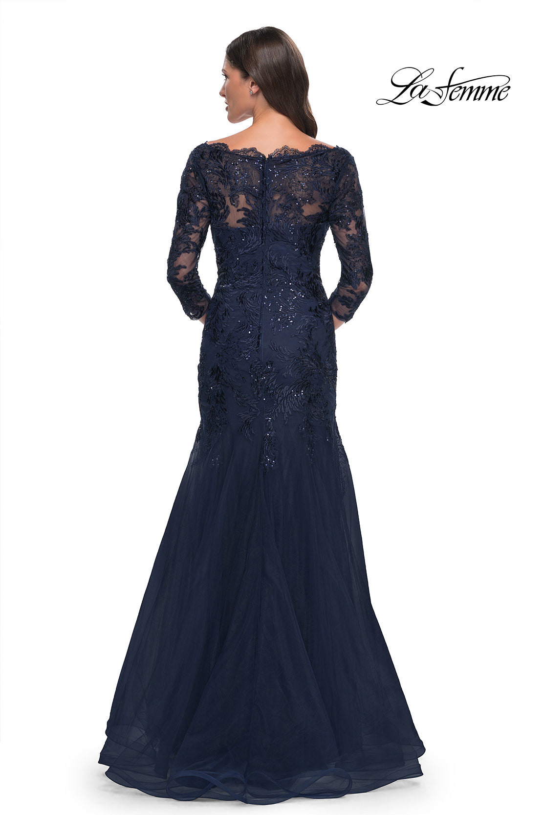 Picture of: Mermaid Tulle and Lace Dress with Scallop Detailed Neckline in Navy, Style: 30823, Detail Picture 4