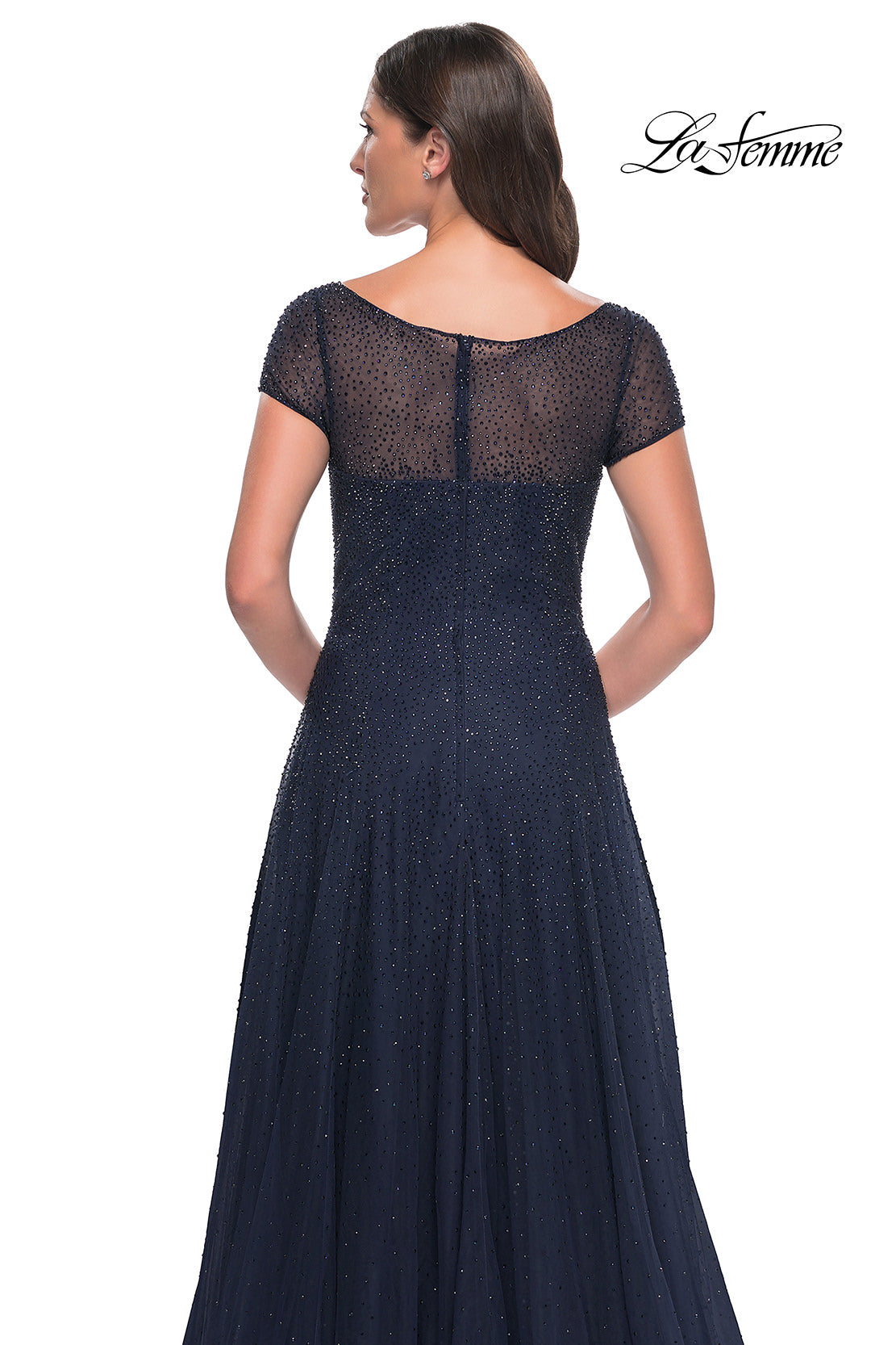 Picture of: Beaded A-Line Dress with Illusion Neckline and Sleeves in Navy, Style: 30852, Detail Picture 4