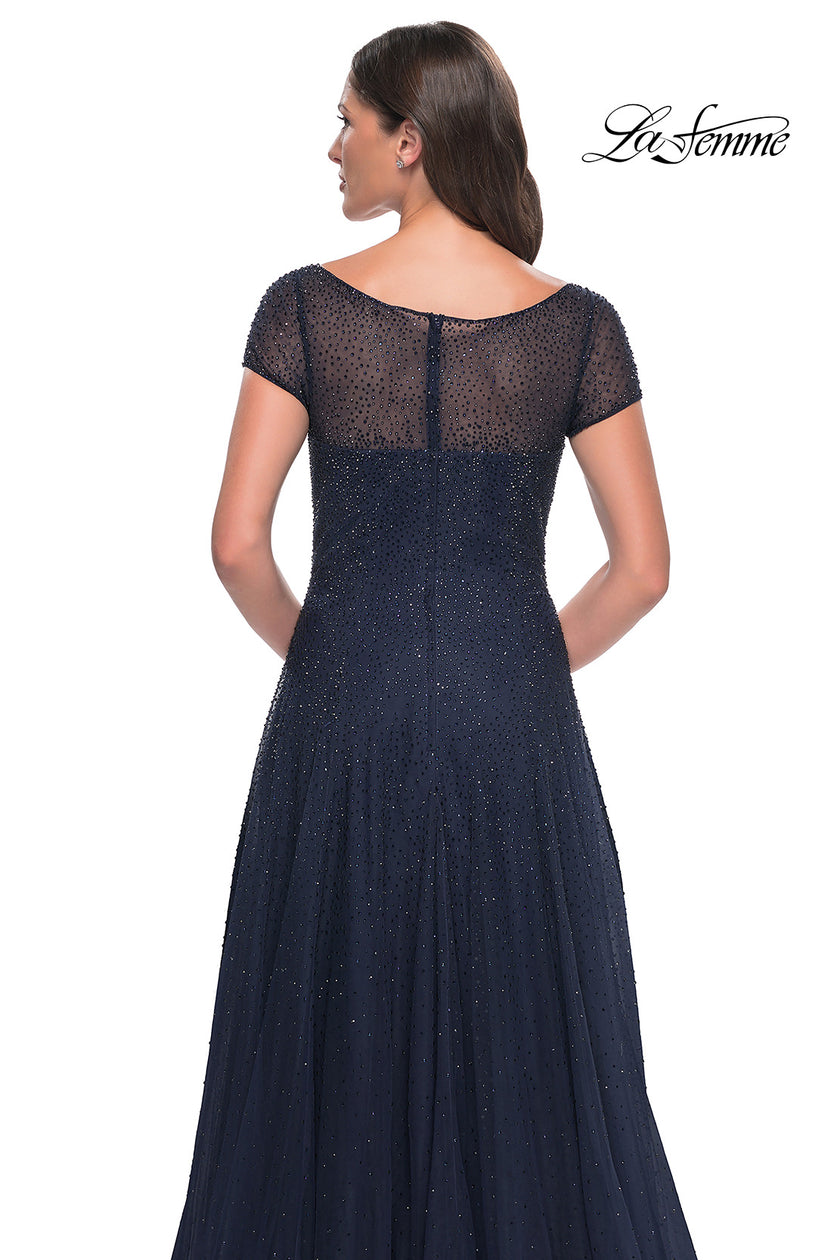 Picture of: Beaded A-Line Dress with Illusion Neckline and Sleeves in Navy, Style: 30852, Detail Picture 4