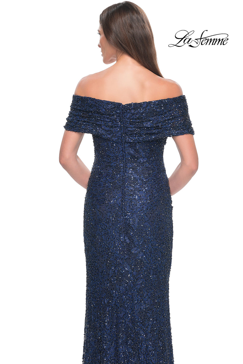 Picture of: Off the Shoulder Ruched Beaded Lace Evening Gown in Navy, Style: 31778, Detail Picture 4