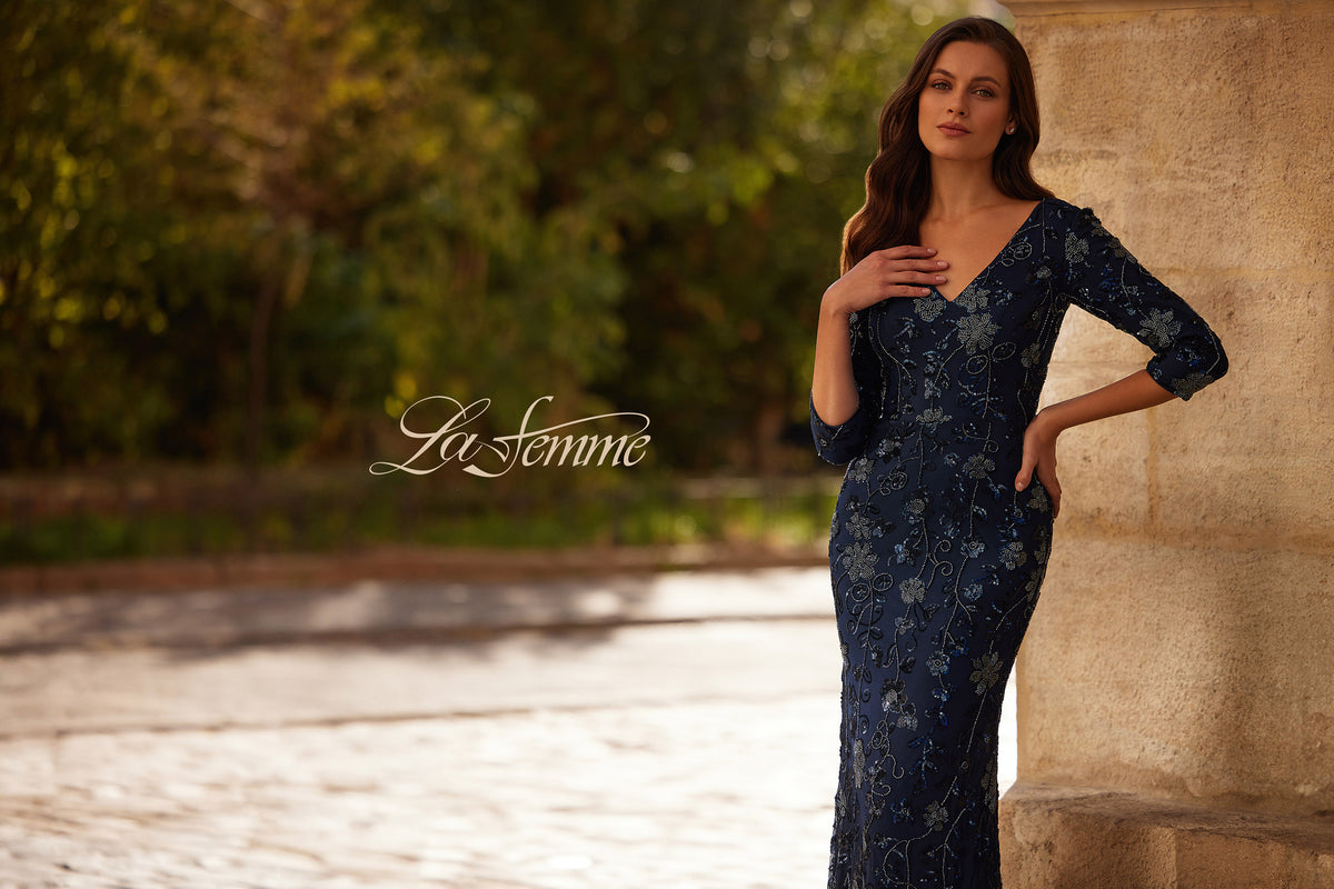 Picture of: Stunning Beaded Stretch Net Jersey Gown in Navy, Style: 33092, Detail Picture 4, Landscape