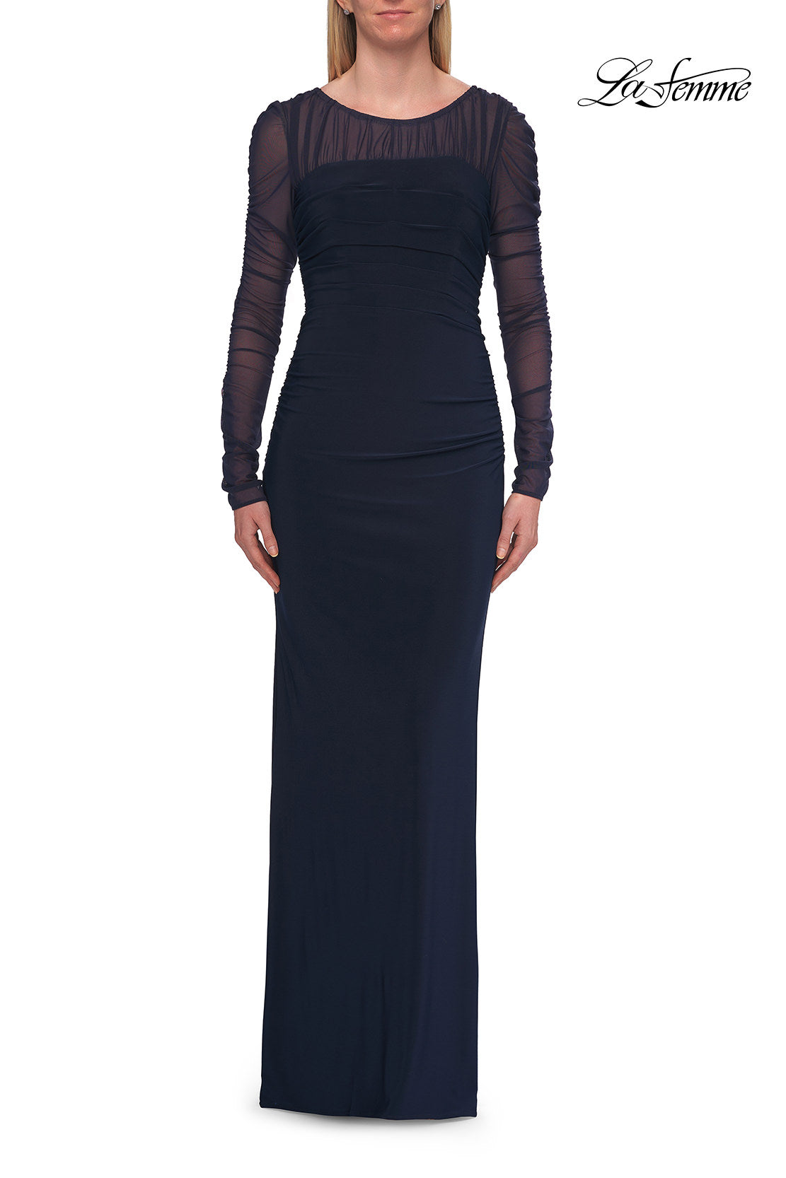 Picture of: Long Sleeve Sheer Net Jersey Gown with Ruching in Navy, Style: 33282, Detail Picture 4