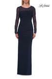 Picture of: Long Sleeve Sheer Net Jersey Gown with Ruching in Navy, Style: 33282, Detail Picture 4