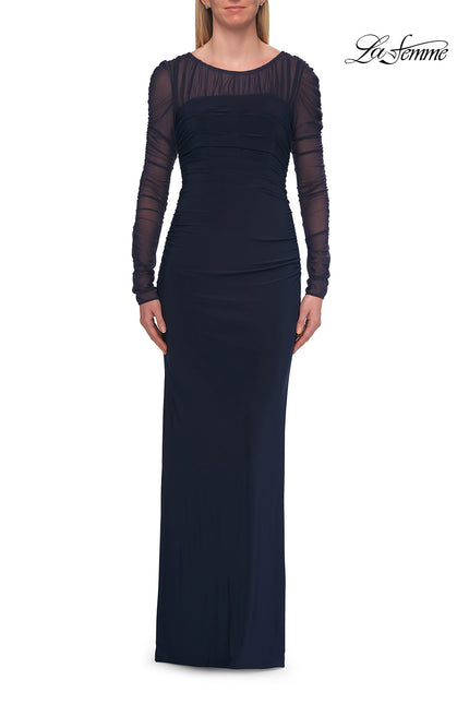 Picture of: Long Sleeve Sheer Net Jersey Gown with Ruching in Navy, Style: 33282, Detail Picture 4