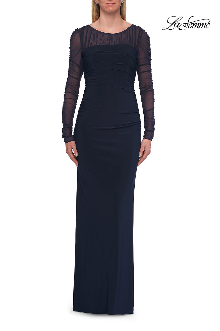 Picture of: Long Sleeve Sheer Net Jersey Gown with Ruching in Navy, Style: 33282, Detail Picture 4