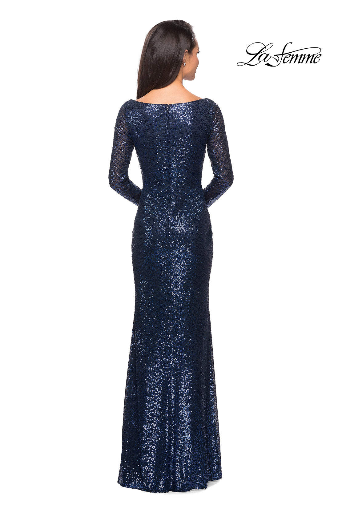 Picture of: Long Sleeve Sequined Gown with Soft V-Neckline in Navy, Style: 25331, Detail Picture 5