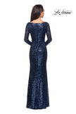 Picture of: Long Sleeve Sequined Gown with Soft V-Neckline in Navy, Style: 25331, Detail Picture 5