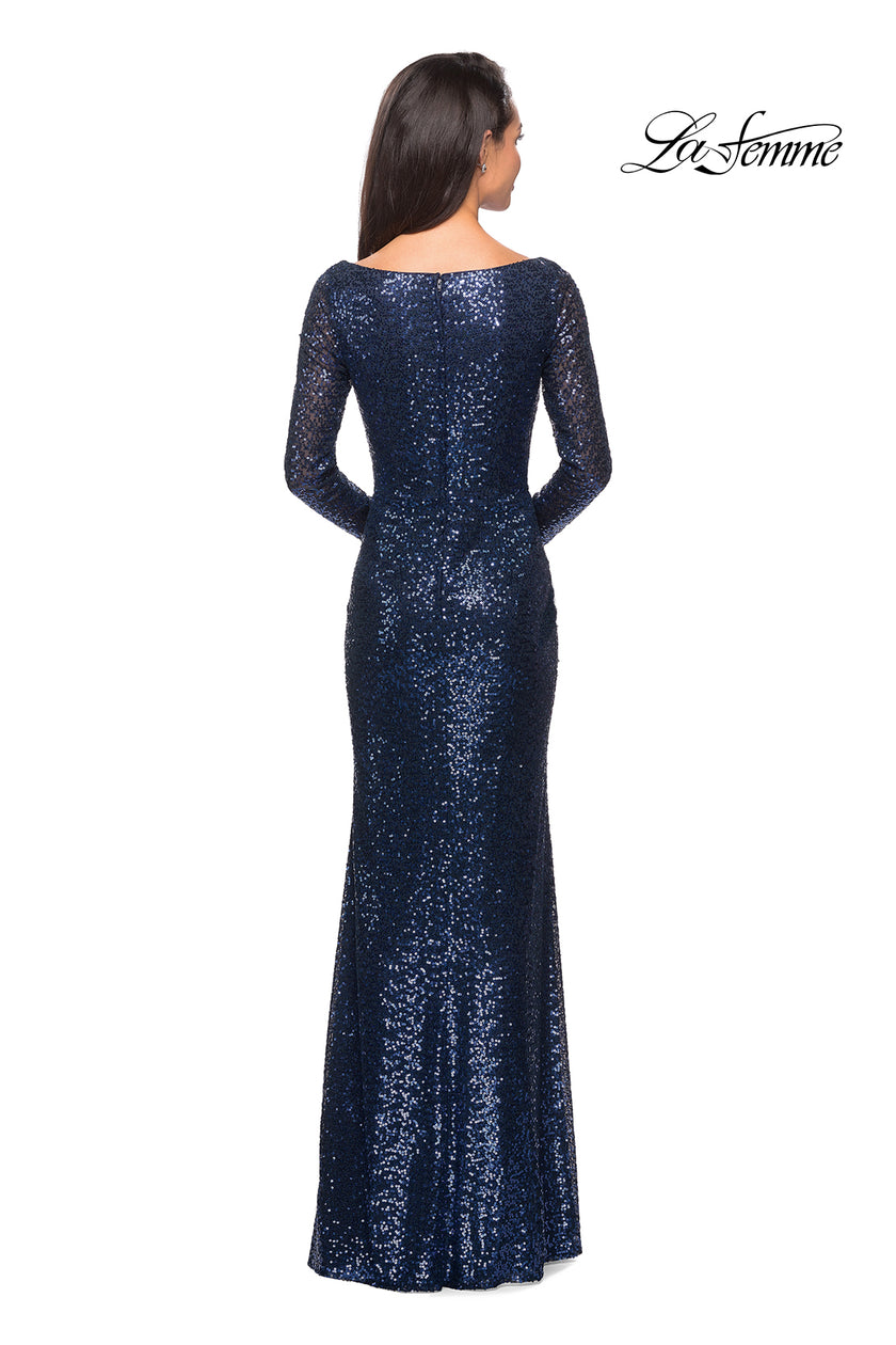 Picture of: Long Sleeve Sequined Gown with Soft V-Neckline in Navy, Style: 25331, Detail Picture 5