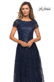 Picture of: Sequin Lace A-line Gown with Sheer Short Sleeves in Navy, Style: 27837, Detail Picture 5