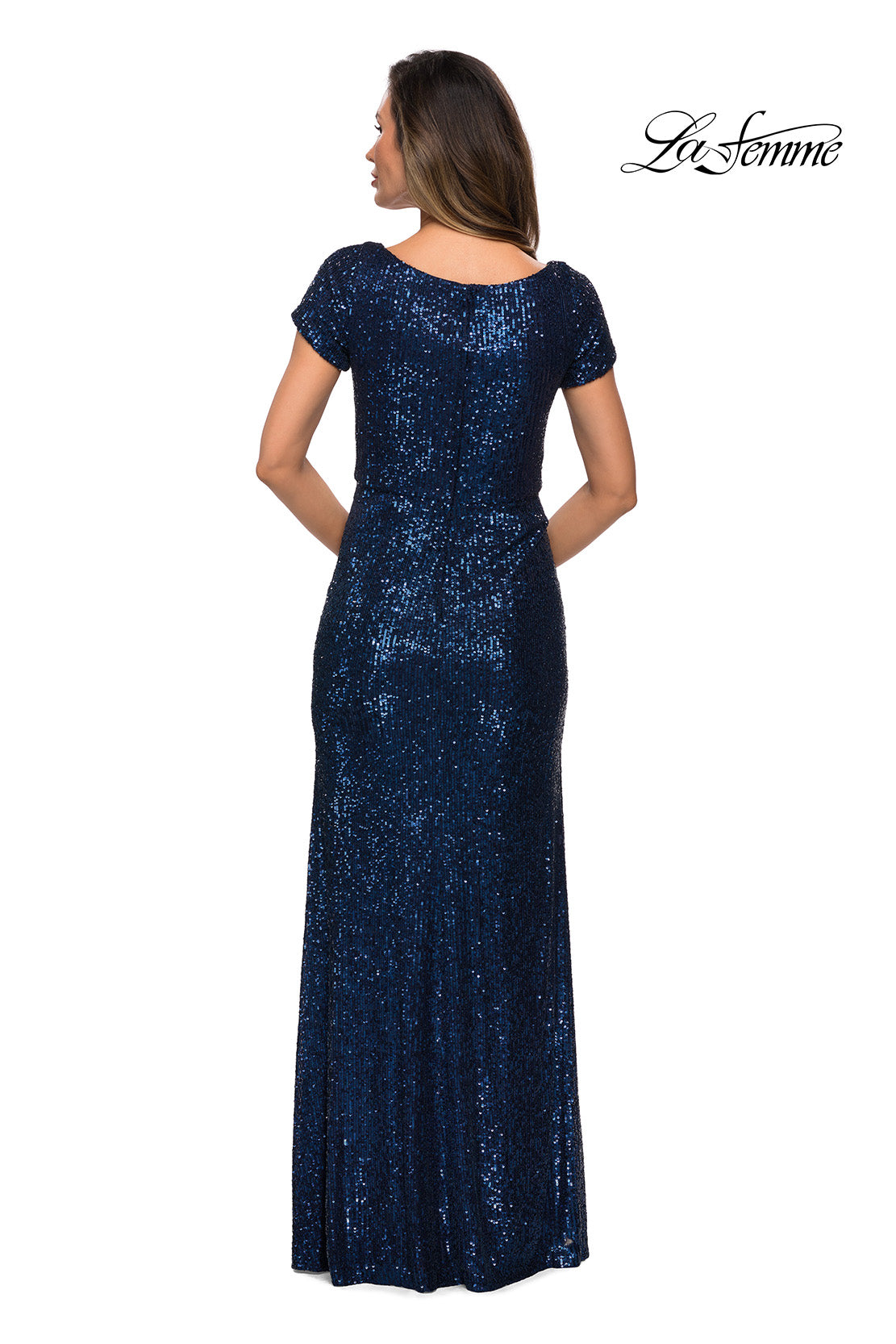 Picture of: Long Sequin Evening Dress with Cap Sleeves in Navy, Style: 27916, Detail Picture 5