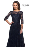 Picture of: A-line Lace Sequin Gown with Sheer Scoop Neckline in Navy, Style: 27942, Detail Picture 5