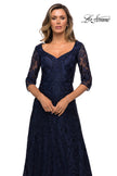 Picture of: Embroidered Lace Gown with V Neckline and Flare Skirt in Navy, Style: 27949, Detail Picture 5