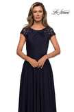 Picture of: Long Satin Dress with Sheer Floral Lace Cap Sleeves in Navy, Style: 28100, Detail Picture 5