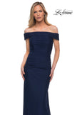 Picture of: Ruched Off the Shoulder Net Jersey Evening Dress in Navy, Detail Picture 5