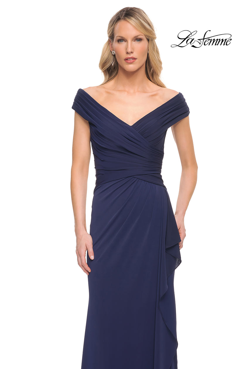 Picture of: Long Luxurious Jersey Off the Shoulder Evening Gown in Blue, Style: 30040, Detail Picture 5