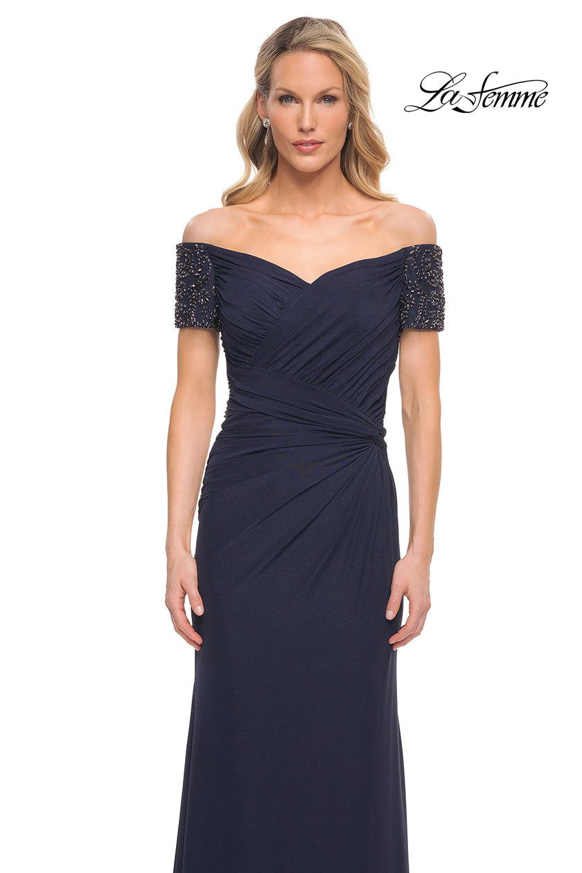 Picture of: Net Jersey Long Gown with Exquisite Beaded Design in Blue, Style: 30057, Detail Picture 5