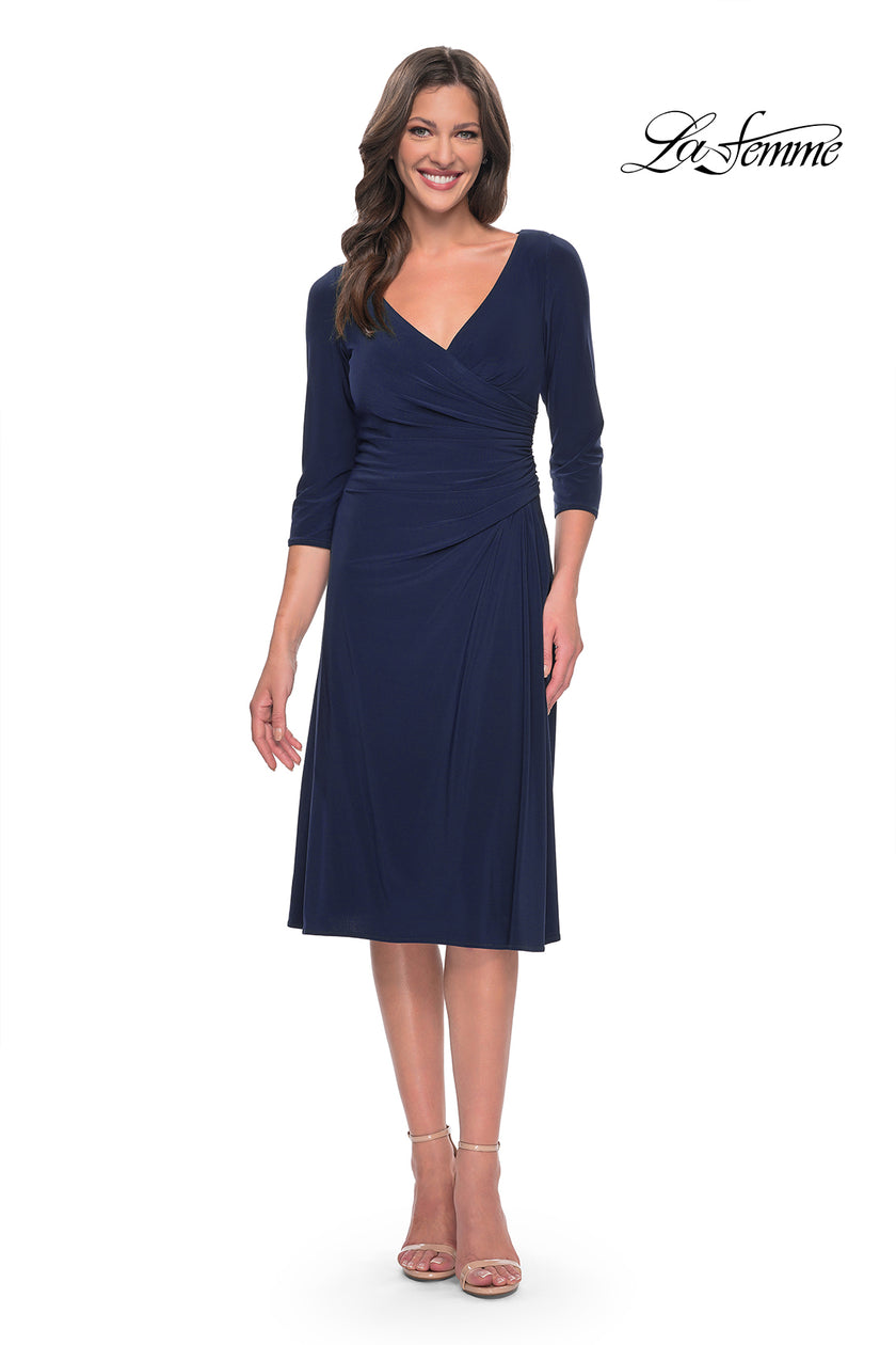 Picture of: Chic Tea Length Jersey Dress with Ruching in Navy, Style: 30069, Detail Picture 5