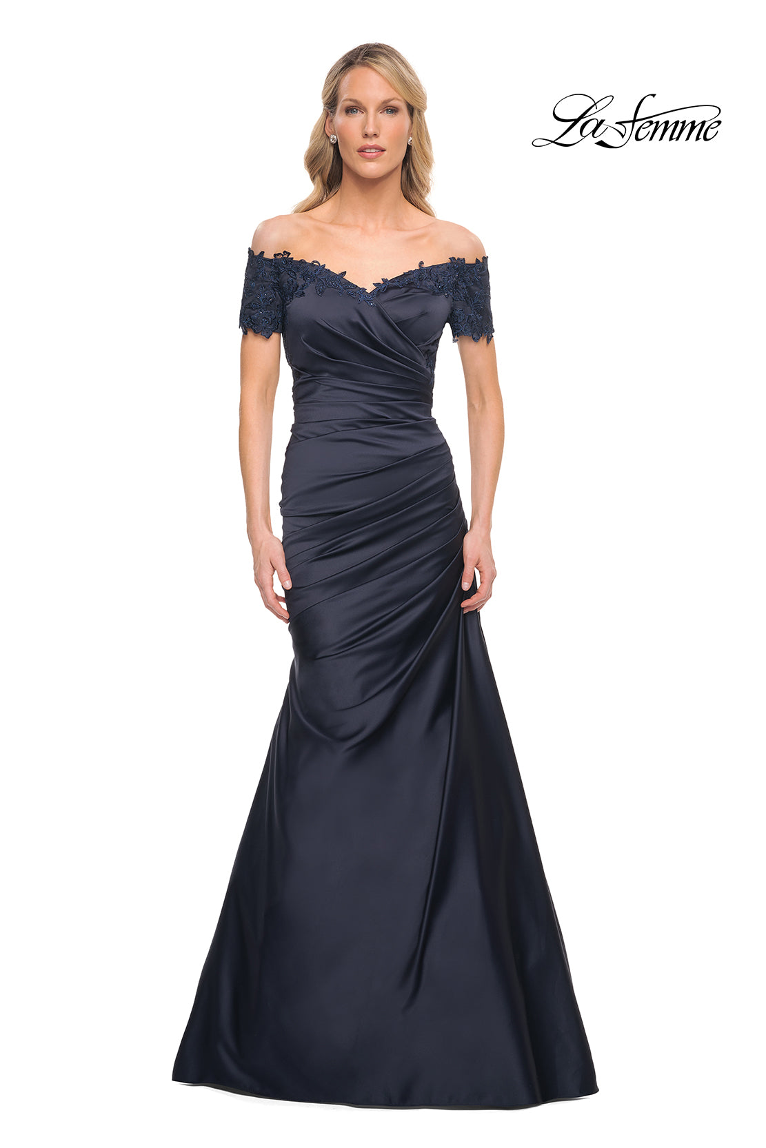 Picture of: Off the Shoulder Satin and Lace Mermaid Pleated Gown, Style: 30199, Detail Picture 5