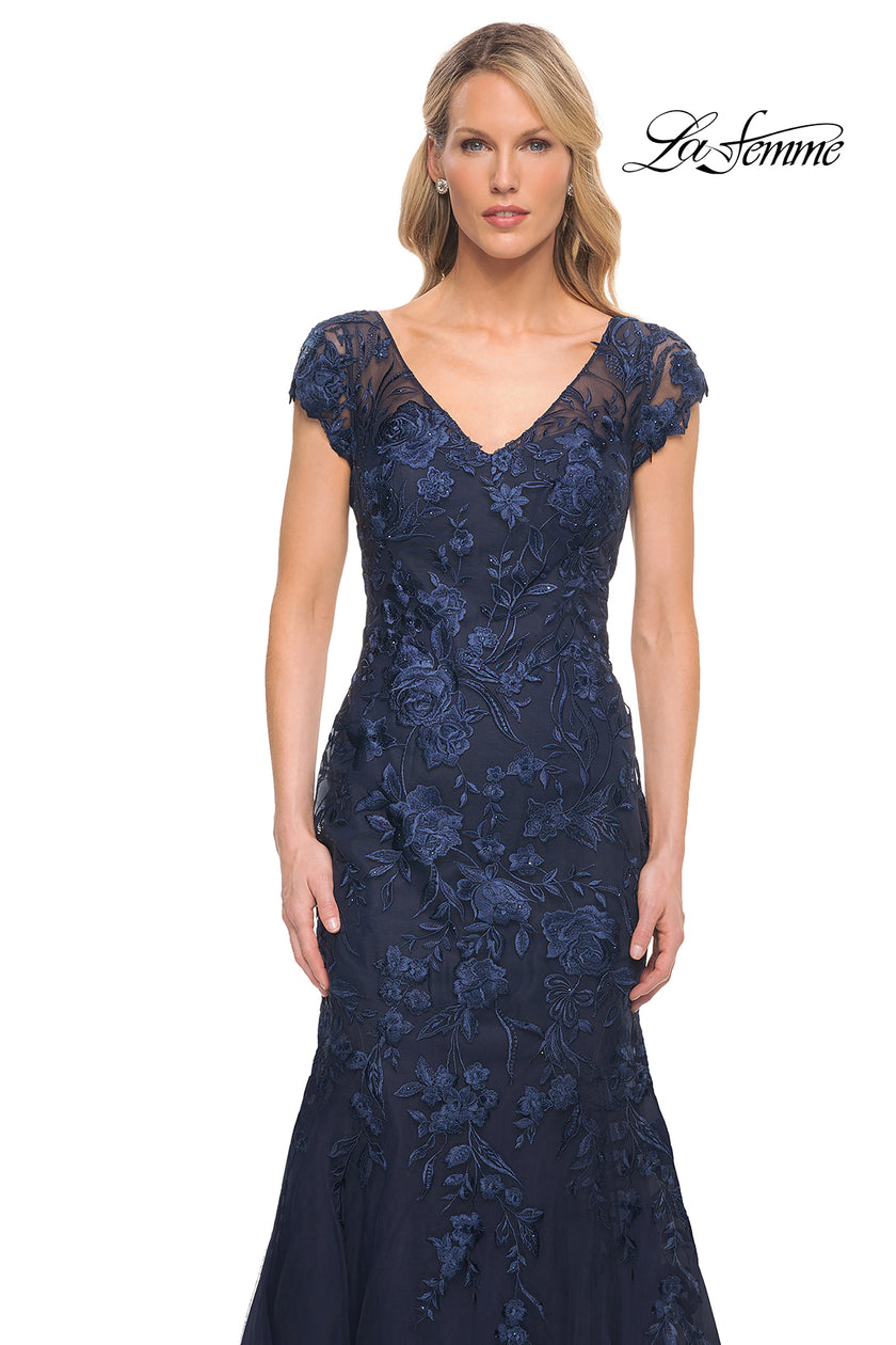 Picture of: Lace and Tulle Mermaid Gown with Cap Sleeves in Blue, Style: 30269, Detail Picture 5