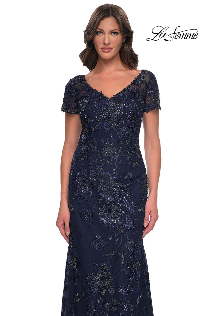 Picture of: Gorgeous Beaded Long Gown with Short Sleeves and V Neck in Navy, Style: 30798, Detail Picture 5